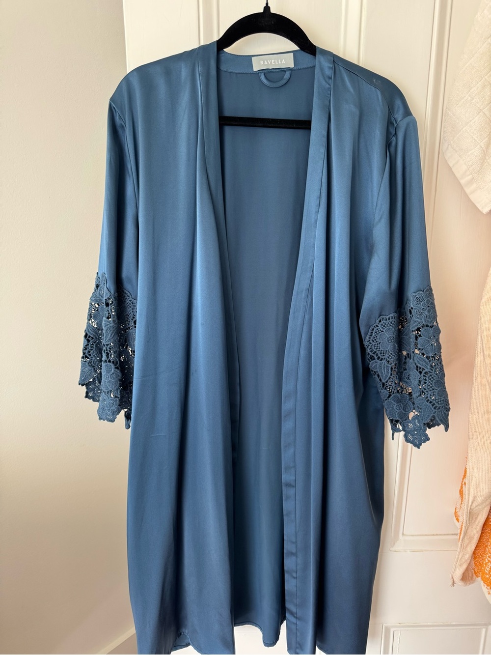 Ravella Slate Blue Lace-Trim 100% Silk Robe